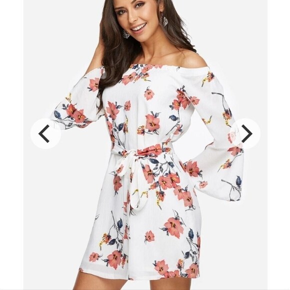SHEIN Off The Shoulder Floral Print Self-Tie 3/4 Length Sleeve Mini Dress - Picture 1 of 10